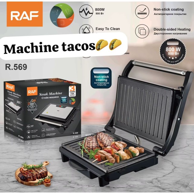 Machine à Tacos / Grill Panini Électrique 800W - Plaques Antiadhésives - Double Chauffe - Noir