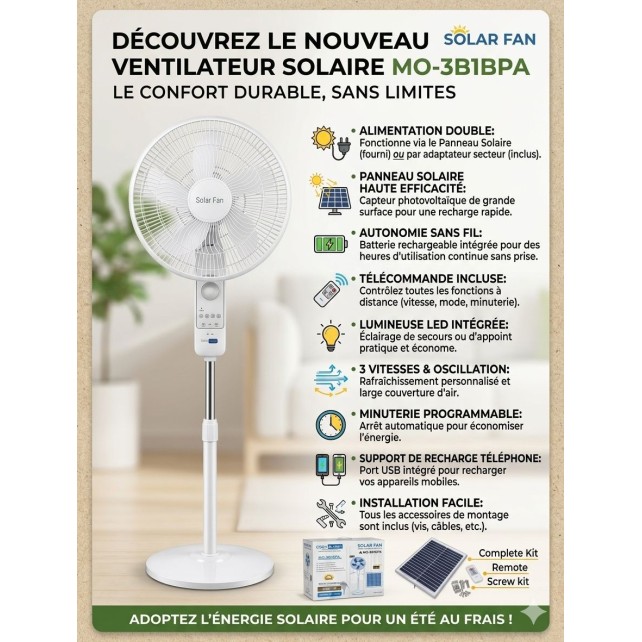 Ventilateur Solaire sur Pied – Kit Complet avec Panneau Solaire, Télécommande & Port USB Recharge Téléphone